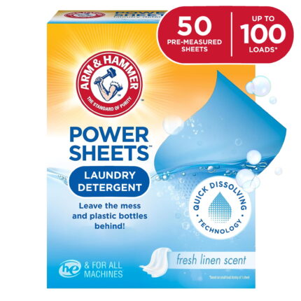 ARM & HAMMER Power Sheets Laundry Detergent Sheets, Fresh Linen, 50 Count, up to 100 Loads